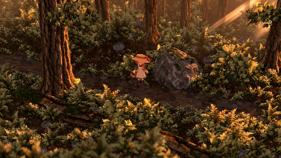 Evening sunlight turns the forest orange as the girl walks past a boulder.
