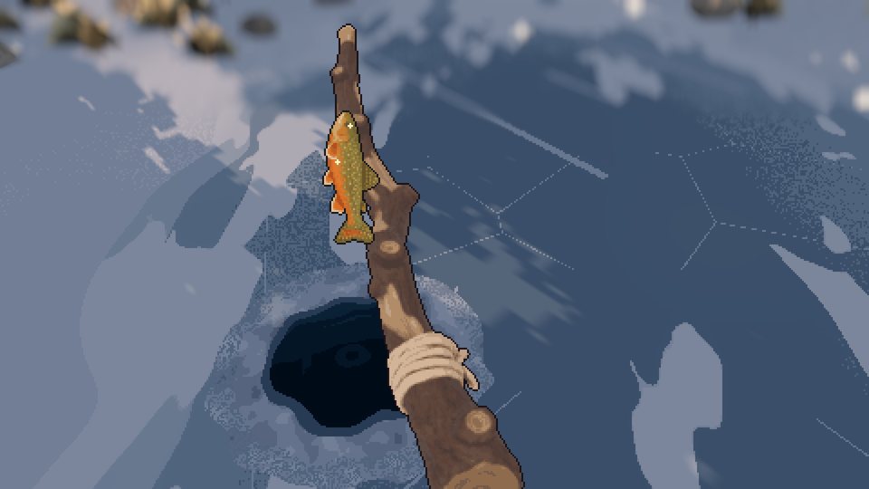 First-person view: a branch fishing rod holds up a brook trout above the hole in the ice.