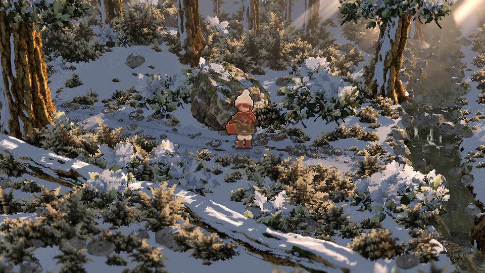 The forest path covered in fresh snow on a clear morning; the girl wears a knitted hat and a green coat.