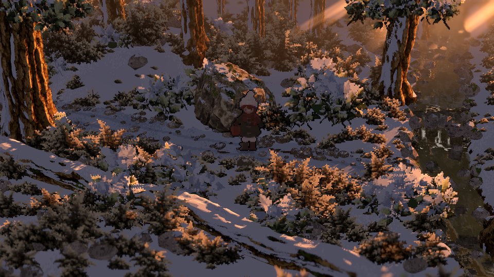 Low evening sun turns the snowy forest orange.