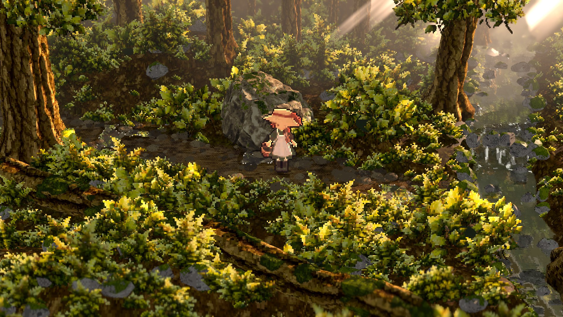 In-game screenshot: a girl in a straw hat stands on a damp forest path beside a mossy boulder, morning light falling through the trees.