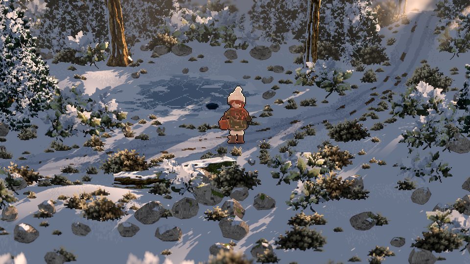 A snowy hollow with a frozen pond, an ice-fishing hole, conifers and a trodden path.