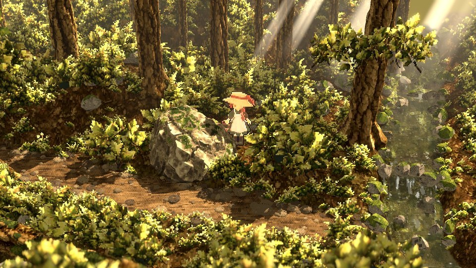 Current version: tall trees, light shafts, a muddy path and a stream with a small cascade.